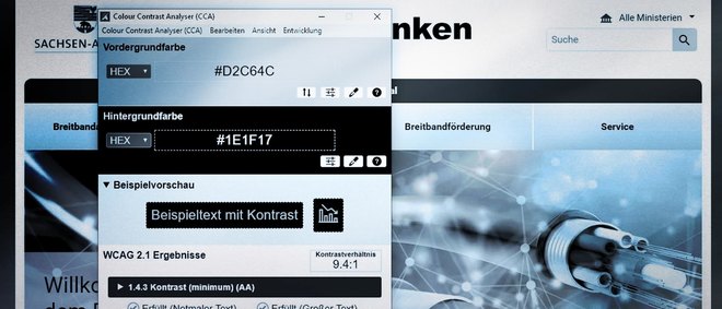 zeigt eine Webseite mit einem Testwerkzeug zum Prüfen von Kontrasten - zur Artikelseite Testen von Webseiten