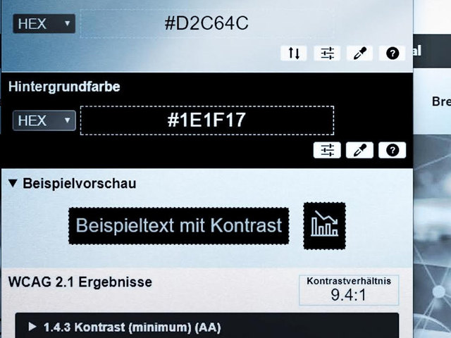 zeigt eine Webseite mit einem Testwerkzeug zum Prüfen von Kontrasten