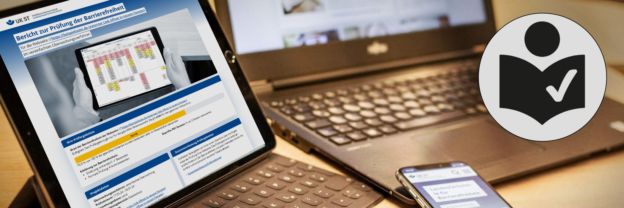 Tablet, Laptop und Smartphones auf einem Tisch zeigen eine Webseite und Symbol f&uuml;r Leichte Sprache
