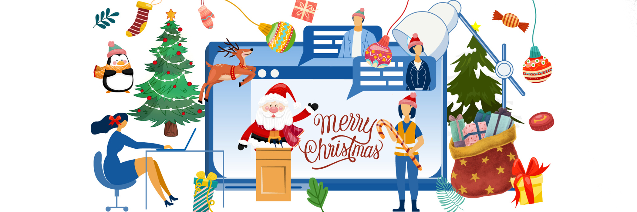 Grafische Darstellung der Experten und Expertinnen der Landesfachstelle mit weihnachtlichen Elementen, wie einem Tannenbaum, Geschenken und dem Weihnachtsmann